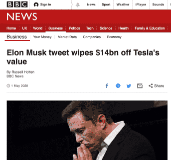 Elon Musk tweet wipes $14bn off Tesla's value